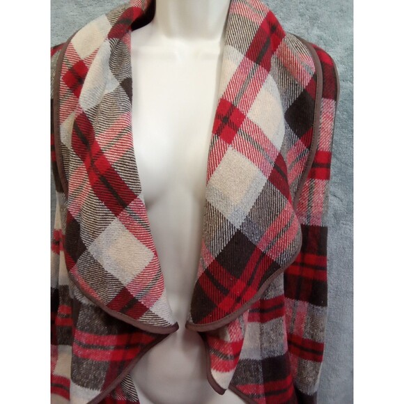 Fleece Open Front Earthy Brown Red Beige Large Pocket Cozy Warmth - Picture 2 of 8